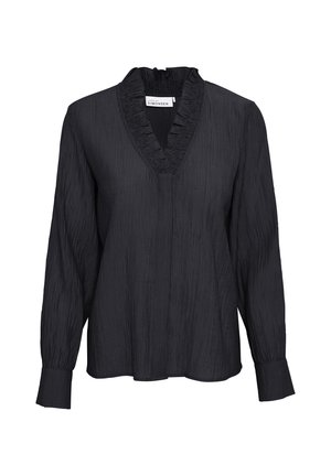 Blusa negra de manga larga con rayas verticales, escote en V, borde con volantes y puños abotonados. Tejido ligero con un diseño fluido.
