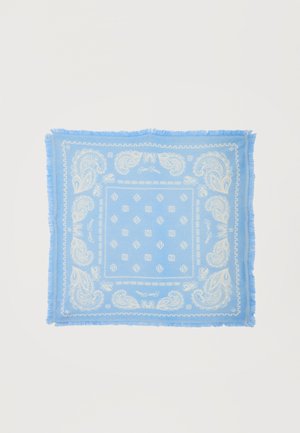 Light blue square scarf with white paisley and small floral patterns, fringed edges, and a central decorative border.