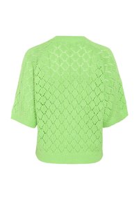 Sweter dzianinowy w jaskrawym zielonym kolorze, o luźnym kroju, z diamentowym wzorem, krótkimi rękawami i prążkowanym dołem.Teksturowany, przewiewny materiał.