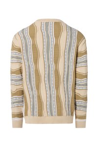 Strickpullover mit einem welligen Muster in Beige-, Oliven- und Hellblautönen, mit strukturierten Akzenten sowie gerippten Bündchen und Saum.