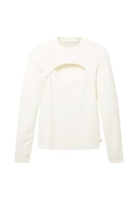 Weißes, langärmliges Rippenshirt mit rundem Ausschnitt und einem Ausschnitt-Detail im Brustbereich.