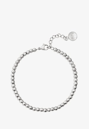 Bracelet en perles argentées avec une finition polie, comportant des perles métalliques rondes, un fermoir en forme de homard et une chaîne ajustable avec un petit accent rond.