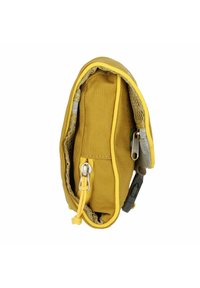 Yellow zippered pouch made of durable fabric, featuring a textured surface, mesh pocket, and metal zipper hardware. Folded design.