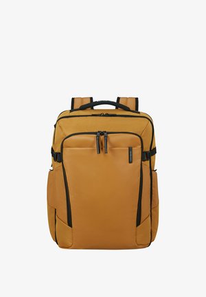 Mustard yellow backpack with multiple zippered compartments, black trim, padded shoulder straps, and a top handle for carrying.