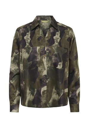 Long-sleeve button-up shirt with green, brown, and black camouflage pattern and two chest pockets on white background.