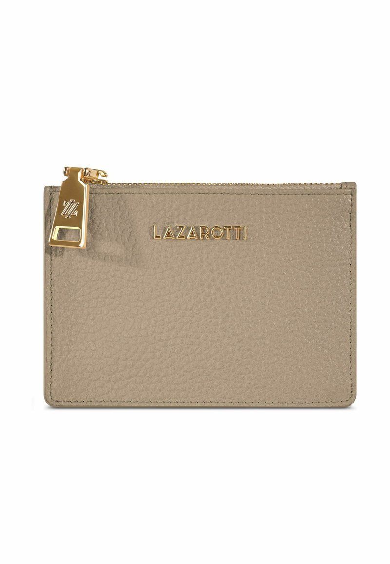 Portefeuille en cuir beige avec une finition texturée, quincaillerie dorée, logo "LAZAROTTI" embossé, et une fermeture éclair avec un tirant doré.