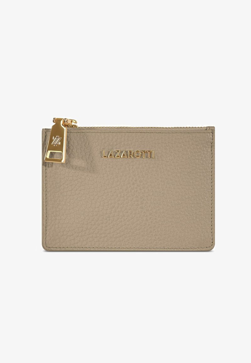 Beige Lederportemonnaie mit strukturiertem Finish, goldenen Hardware, geprägtem "LAZAROTTI"-Logo und einem Reißverschluss mit goldener Zuglasche.