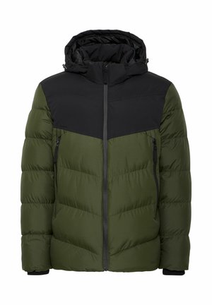 Polstret jakke med hette, med to-farget design: mørkegrønn kropp og svart overdel. Inkluderer glidelåslommer og elastiske mansjetter.