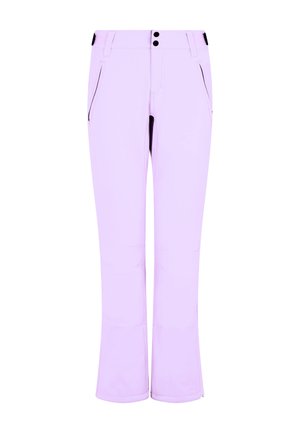 Light purple snow pants with a flared leg design, two front zip pockets, and black accents at the waistband and pockets.