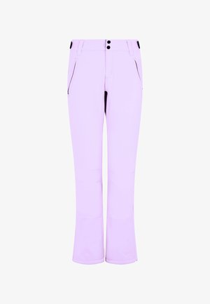 Svetlofialové snežné nohavice s rozšírenými nohavicami, dvoma prednými zipsovými vreckami a čiernymi akcentmi na páse a vreckách.