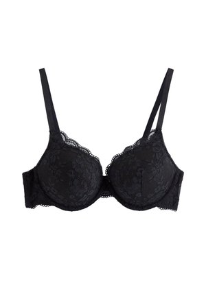 Reggiseno nero in pizzo con ferretto, spalline regolabili e ricamo floreale, progettato per supporto e stile decorativo.
