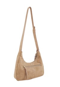 Borsa a tracolla in pelle beige con forma curva, superficie strutturata e tasca frontale con cerniera. Dotata di una tracolla lunga e regolabile.