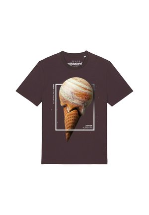 Dunkelbraunes T-Shirt mit einem schmelzenden Eiskegel, der die Textur des Planeten Jupiter in einem weißen quadratischen Rahmen zeigt. Der Text lautet Jupiter Planet #05.