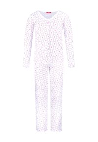 Long-sleeve pajama set in white with pink floral print. Features a scalloped neckline, button front, and ruffled hem on pants. Made of soft fabric.