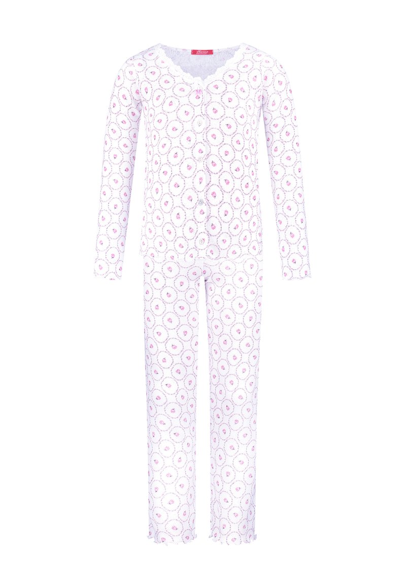 Long-sleeve pajama set in white with pink floral print. Features a scalloped neckline, button front, and ruffled hem on pants. Made of soft fabric.