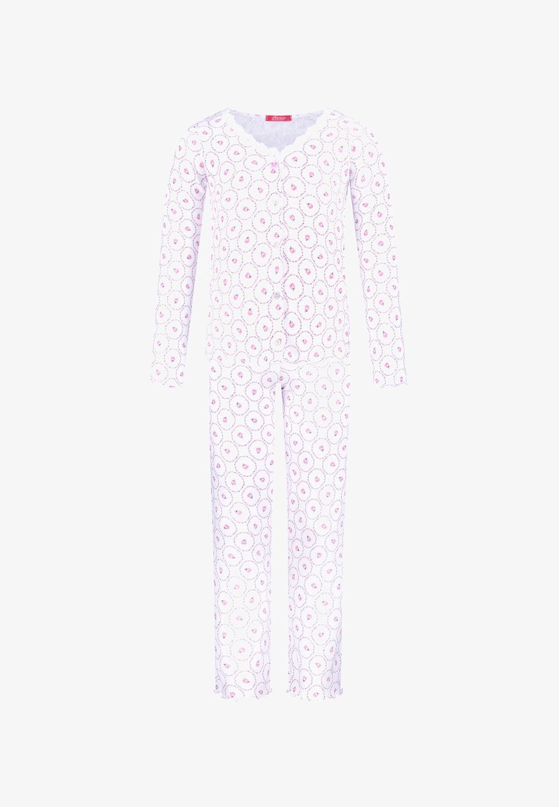 Long-sleeve pajama set in white with pink floral print. Features a scalloped neckline, button front, and ruffled hem on pants. Made of soft fabric.