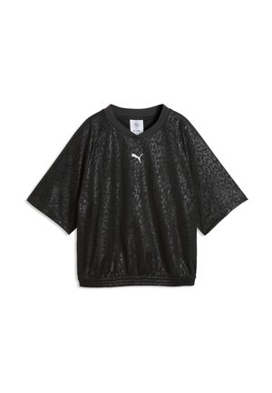 Sort skjorte med korte ærmer med subtilt leopardmønster, elastisk kant og lille hvid Puma-logo på brystet.