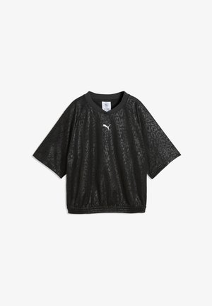 Zwarte shirt met korte mouwen met een subtiel luipaardpatroon, elastische zoom en klein wit Puma-logo op de borst.