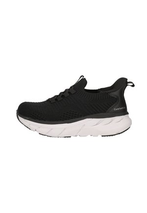 Sort strikket sneakers med hvid tyk sål, elastiske snørebånd, trækstropper på tunge og hæl samt teksten "Comfortflex" på hælsiden.