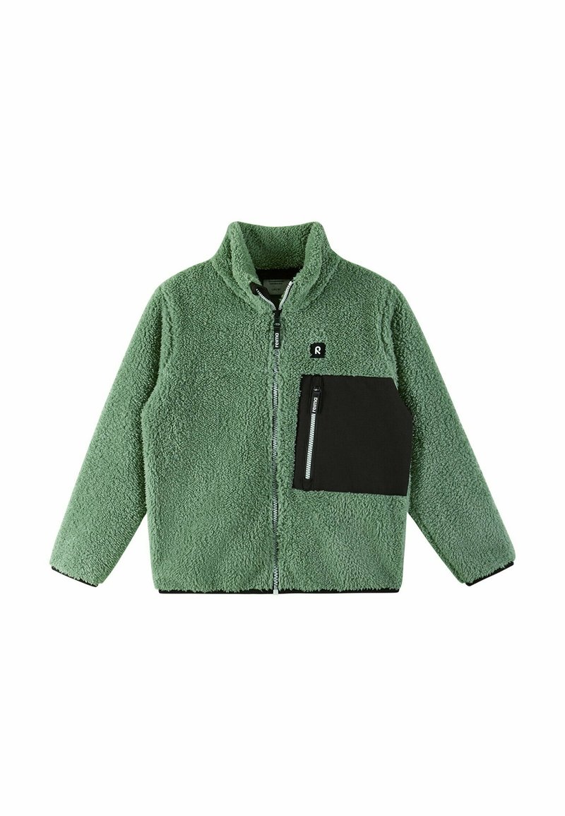 Giacca in pile verde con cerniera frontale, colletto alto e tasca con cerniera nera sul lato sinistro del petto. Tessuto testurizzato con rifiniture in nero a contrasto.