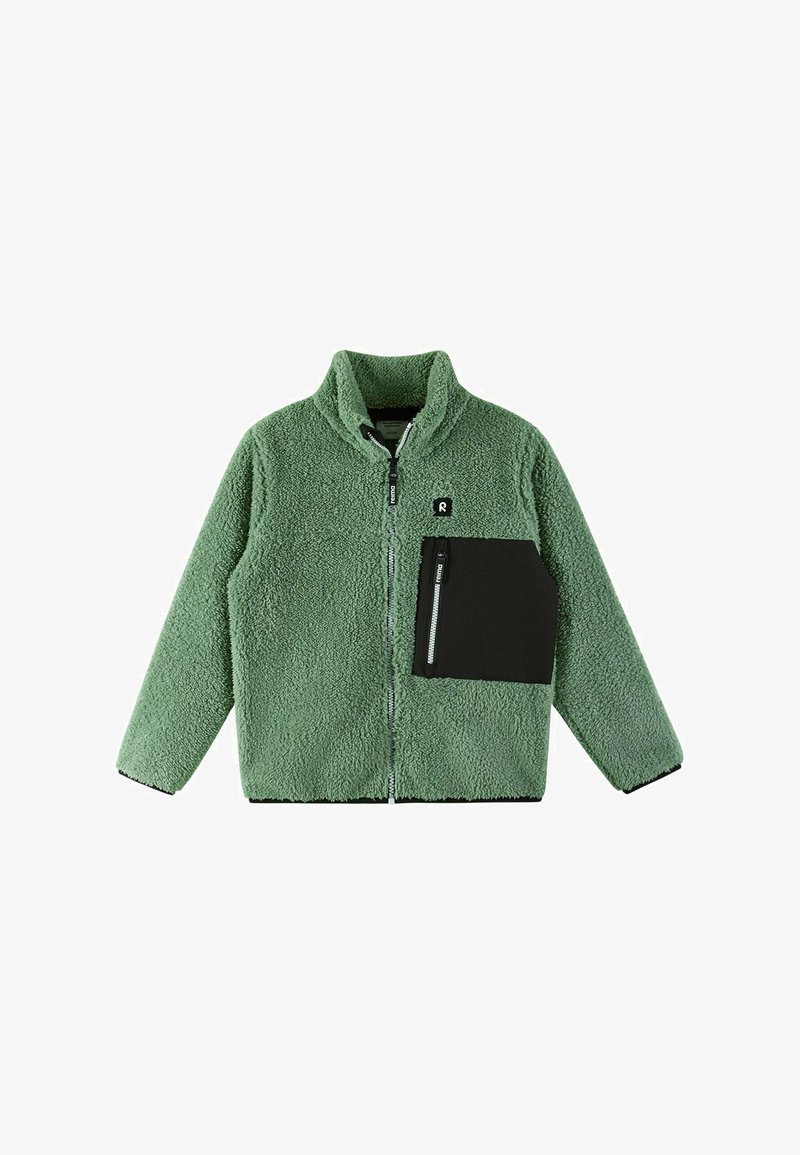 Giacca in pile verde con cerniera frontale, colletto alto e tasca con cerniera nera sul lato sinistro del petto. Tessuto testurizzato con rifiniture in nero a contrasto.