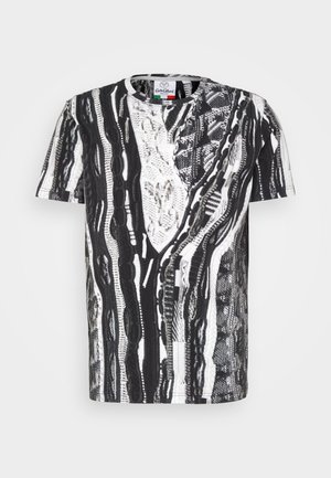 Short-sleeve T-shirt made of cotton, featuring a black and white abstract pattern with various textures and lines. Round neck design.