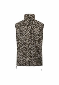 Tijgerprint mouwloos vest in tan en zwart, met een hoge kraag, een comfortabele pasvorm en verstelbare koordjes aan de onderkant.