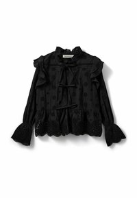 Blusa negra con mangas acampanadas, que presenta patrones circulares bordados y detalles de calado en el dobladillo y los puños. Se ata en el escote.