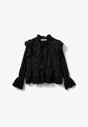 Črna bluzica z nabranimi rokavi, ki ima izvezeno krožno vzorčenje in odprto delo na robu in manšetah. Zavezuje se na vratu.