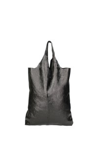 Zwarte metalen tote bag met twee schouderbanden, gladde textuur, zachte stof en een eenvoudig ontwerp. Geen externe zakken of versieringen.