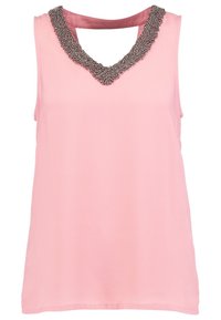 Top senza maniche di colore rosa con scollatura a V decorato con un bordo di perline. Tessuto morbido con una vestibilità rilassata e senza ulteriori motivi o decorazioni.