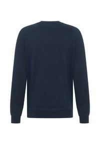 Navy blue sweatshirt made of cotton, featuring long sleeves, a crew neck, and ribbed cuffs. Smooth texture with no visible patterns.