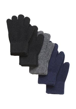 Two pairs of knit gloves in black and navy, a medium gray pair, ribbed cuffs, showcasing a textured fabric and five-finger design.