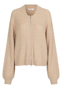 Bežový pletený cardigan s texturovaným vzorem, žebrovanými manžetami a lemem a předním zapínáním na zip. Kulatý výstřih a uvolněný střih.