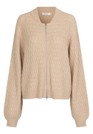 Beige gebreide cardigan met een gestructureerd patroon, geribbelde manchetten en zoom, en een rits aan de voorkant. Ronde halslijn met een relaxte pasvorm.