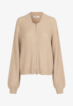 Beige gebreide cardigan met een gestructureerd patroon, geribbelde manchetten en zoom, en een rits aan de voorkant. Ronde halslijn met een relaxte pasvorm.