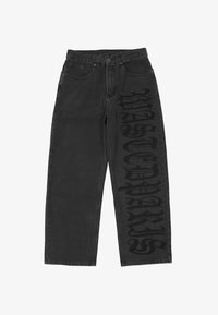 Svarta denimjeans med avslappnad passform, med ett sidofototryck och klassisk femfickdesign. Texturerad tyg och rak ben.