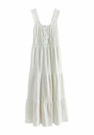 Biele midi šaty bez rukávov so širokými ramienkami, zapínaním na gombíky vpredu, nariaseným pásom, textúrovanou látkou a vrstvenou sukňou.