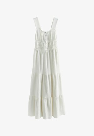 Valge varrukateta midi pikkusega kleit laiade rihmadega, nööpidega ees, volditud vöökohaga, tekstuurse kangaga ja kihilise seelikuga.