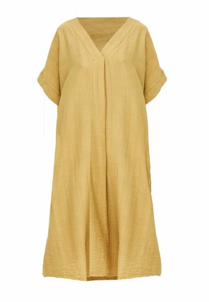Šaty s výstřihem do V, krátkými rukávy, z texturované hořčicově žluté látky. Volný střih se střihem do přímky a bočními rozparky pro snadný pohyb.