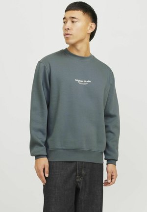 Sudadera gris con cuello redondo, con un logo de texto blanco en la parte frontal. Hecha de una tela suave, tiene puños y dobladillo acanalados.