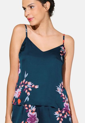 Haut sans manches en bleu sarcelle foncé avec des motifs floraux en rose et orange. Design en V avec des bretelles fines et une coupe décontractée. Texture de tissu lisse.