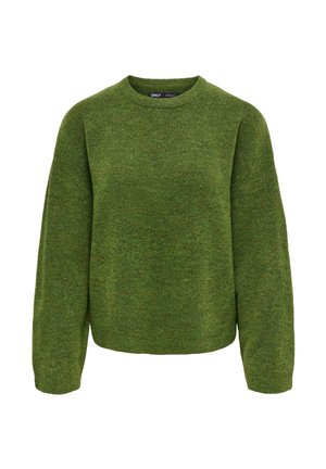 Pull vert en maille à manches longues, col rond, coupe légèrement ample, poignets et ourlet côtelés.