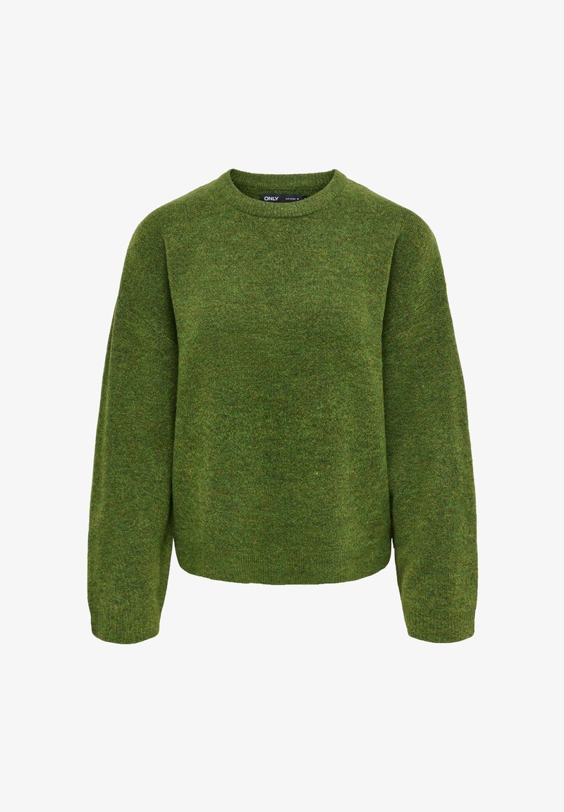 Pull vert en maille à manches longues, col rond, coupe légèrement ample, poignets et ourlet côtelés.