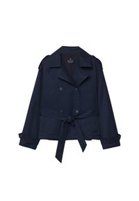 Marineblauwe trenchcoat met een dubbelgeknoopt ontwerp, tailleband, schouderepauletten en knoopmanchetten. Gladde textuur, getailleerde pasvorm.