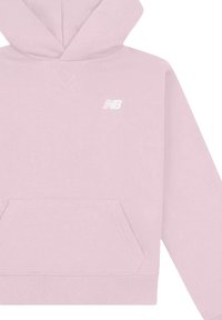 Felpa leggera color rosa chiaro realizzata in tessuto morbido, con tasca a marsupio frontale, polsini e orlo a costine, caratterizzata da un logo bianco di New Balance sul petto.