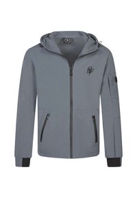 Grå zip-up jakke med hætte. Har to frontlommer med lynlås og et logo på brystet. Sorte accenter på lynlåse og manchetter. Glat tekstur.