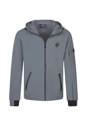 Veste zippée grise avec capuche. Dispose de deux poches avant zippées et d'un logo sur la poitrine. Accents noirs sur les zips et les poignets. Texture lisse.
