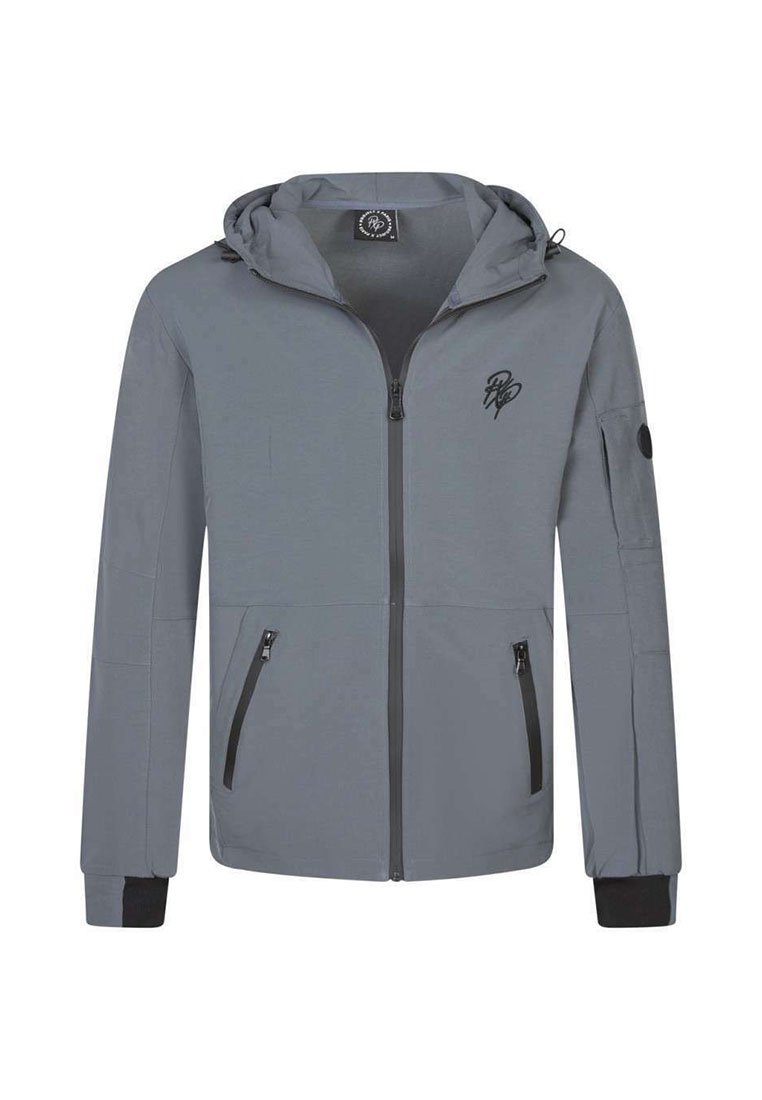 Grå zip-up jakke med hætte. Har to frontlommer med lynlås og et logo på brystet. Sorte accenter på lynlåse og manchetter. Glat tekstur.