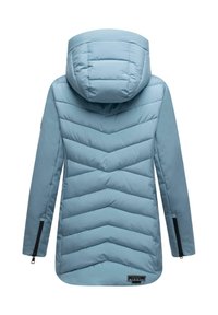 Light blue puffer jacket with a hood, featuring a chevron pattern. Includes zippered side pockets and a logo at the hem.